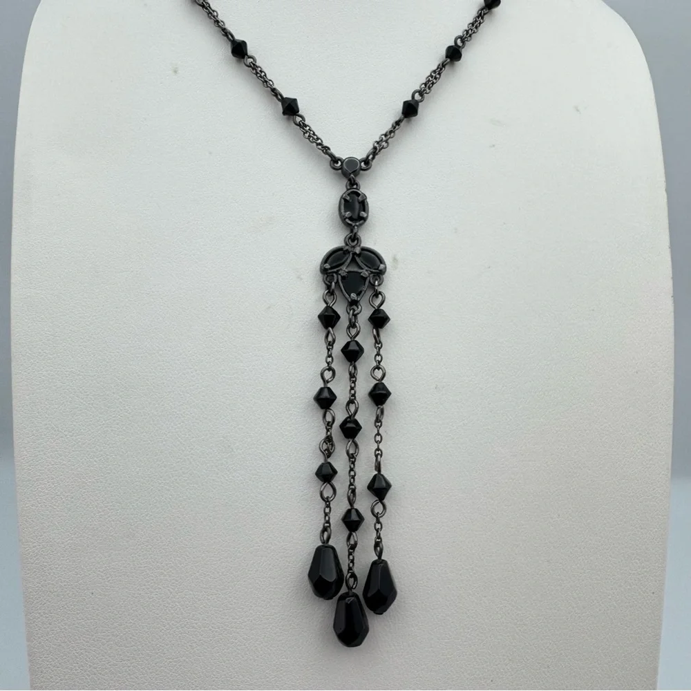 Gothic Style Black Crystal Beaded Y Necklace with Multi-Drop Tassel